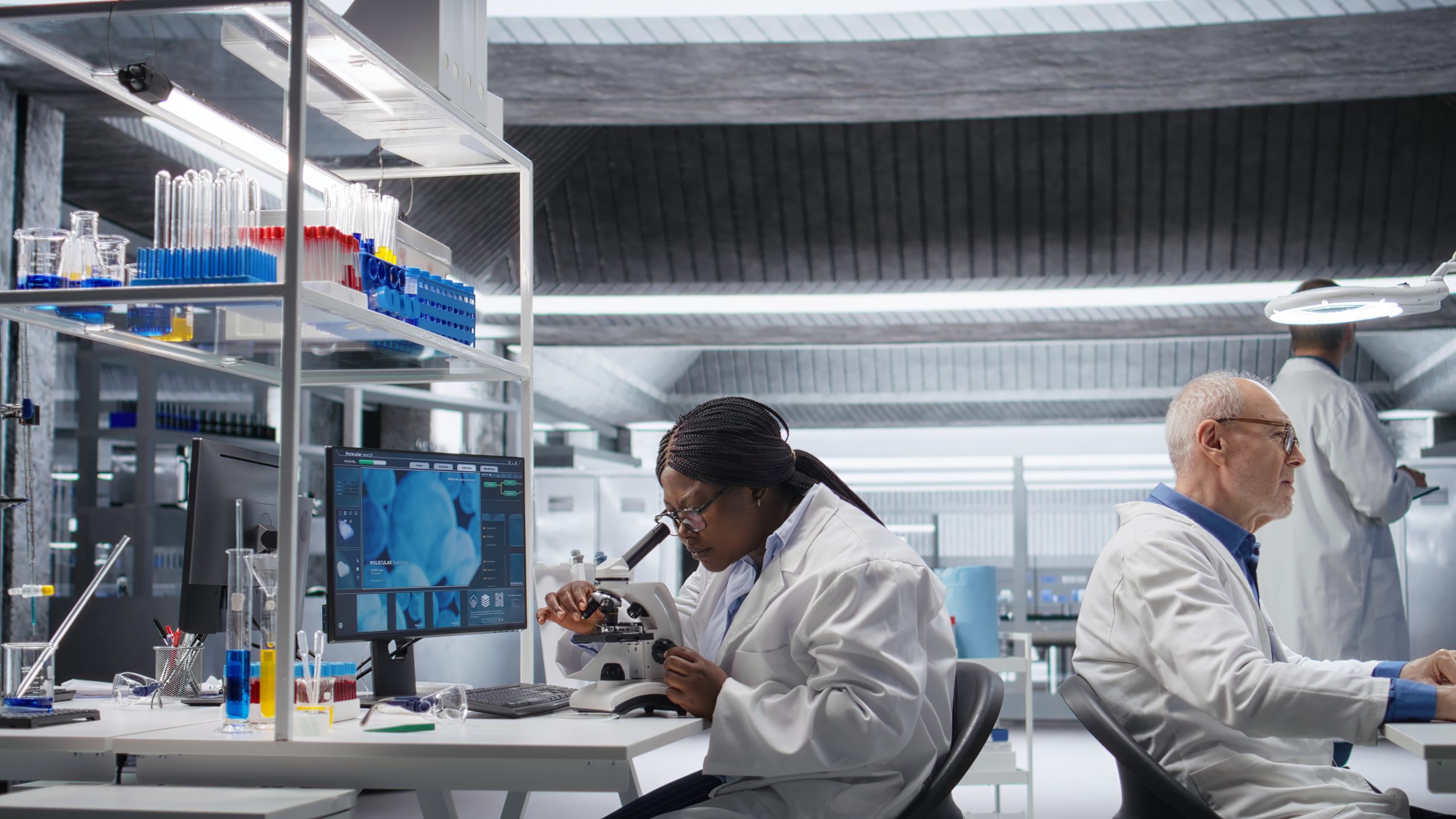Black female researcher studies molecular biology samples in a lab